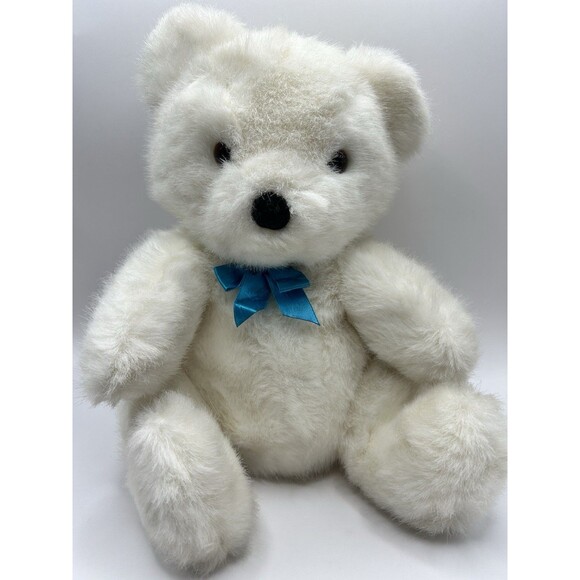 Vintage Dakin White Bear Plush Stuffed Animal Blue Bow 11” Sitting Fuzzy 1990 - Picture 8 of 15